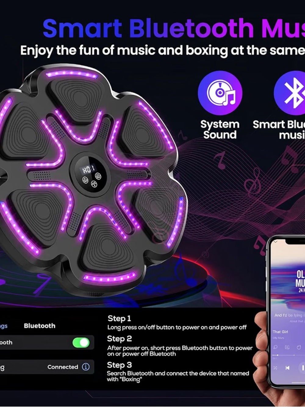 Bluetooth Smart Music Boxing Trainer - Black with Purple LEDs